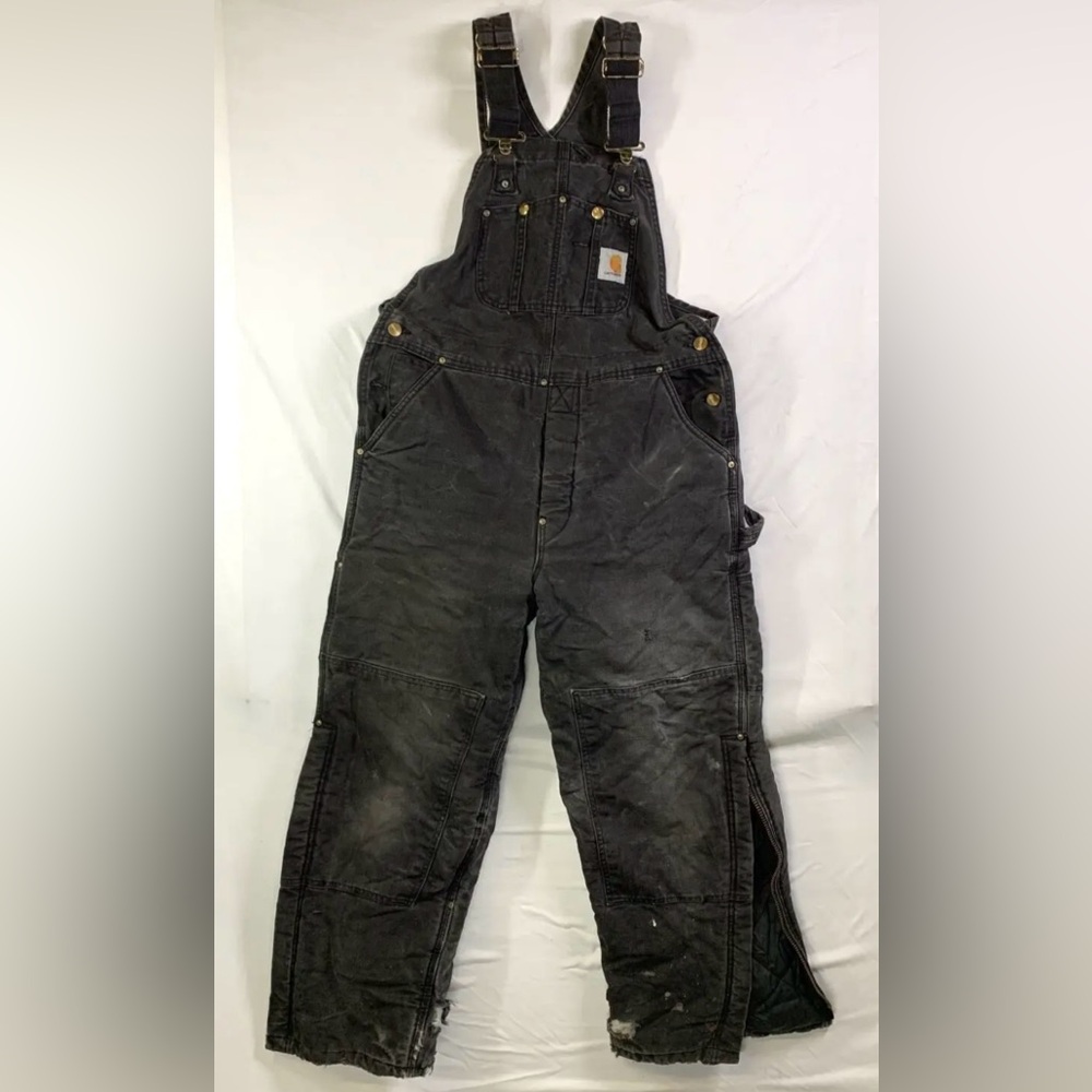 1999 Carhartt R03 Arctic Black Quilt Lined Bib Overalls 34x30 Very Distressed
